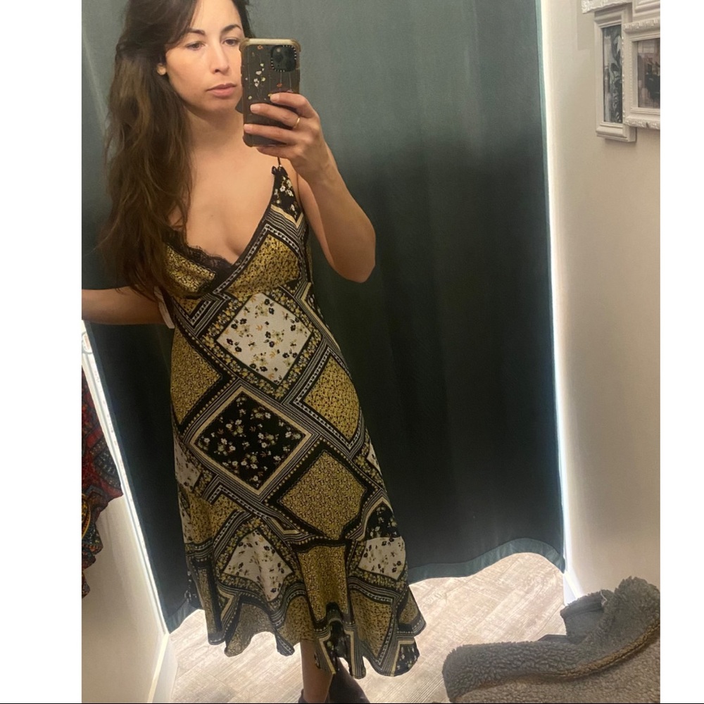 Green Plaid Asymmetrical Dress with Lace Trim